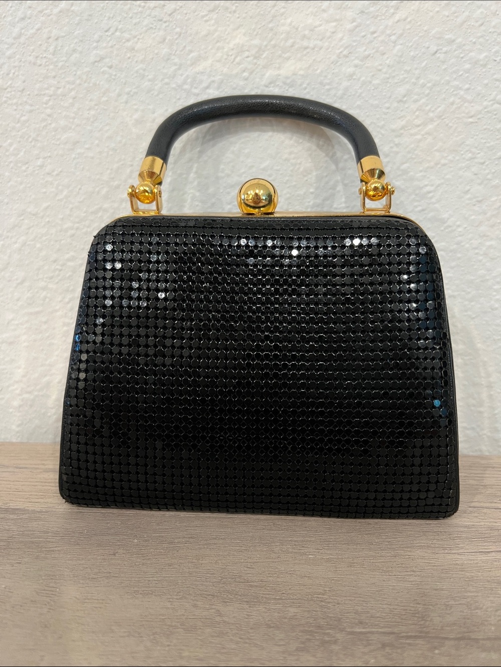 Elegant Vintage Black Sequin Top-Handle Evening Bag with Gold Hardware.